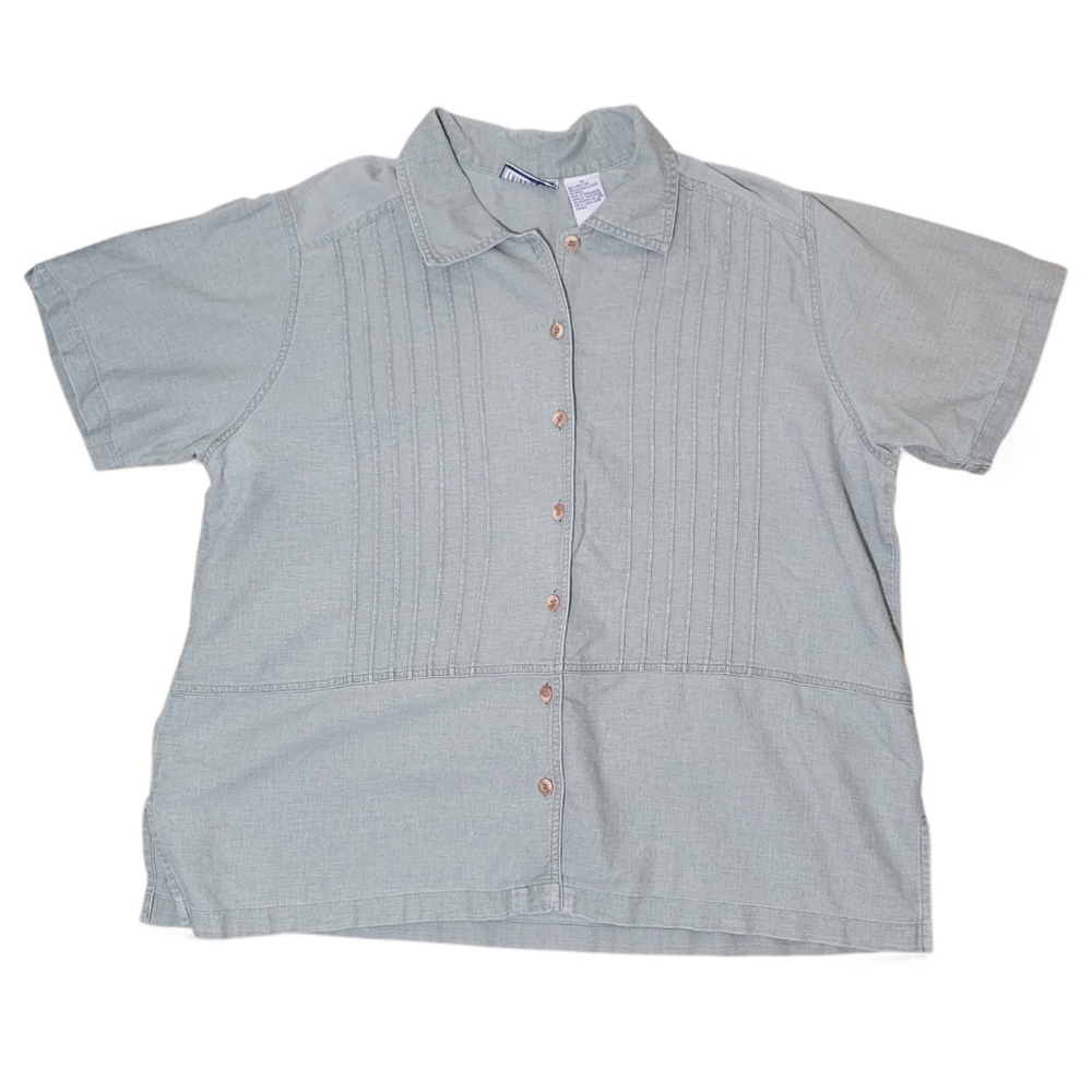 Vintage Erika II & Co Sage Green Linen Cotton Pleated Top Plus Size 1x